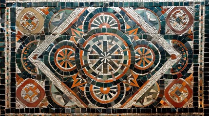 Obraz premium Intricate mosaic pattern with geometric shapes, a mix of green, white, orange, and black tiles.