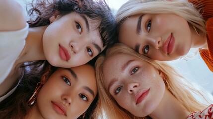Obraz premium Low angle of young pretty Asian and Caucasian ladies with different types of skin standing near each other and looking at camera in studio. Beauty, facial treatment and spa concept
