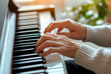 Fototapeta premium Senior hands playing piano keys, highlighting musical passion and skill in a bright, cozy setting