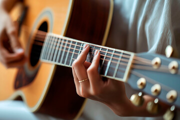 Fototapeta premium Hands playing an acoustic guitar, focusing on the strings and fretboard with a soft, warm lighting ambiance