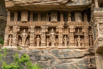 Intricate carvings depicting various deities are carved into the rocky face of an ancient cave temple, showcasing exceptional artistry in a serene backdrop of nature.