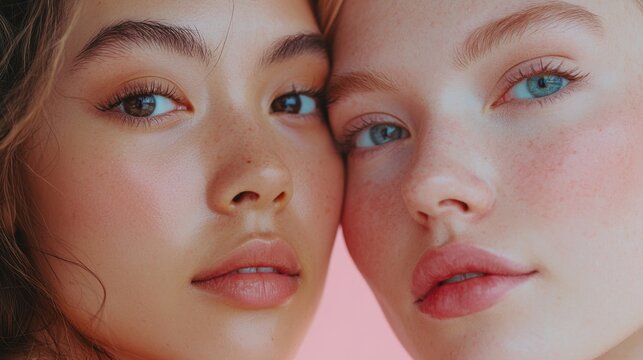 Low angle of young pretty Asian and Caucasian ladies with different types of skin standing near each other and looking at camera in studio. Beauty, facial treatment and spa concept