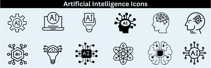 Set of artificial intelligence line icons. Technology, AI, digital, brain, chip etc. Artificial Intelligence Line Editable Icons set—vector illustration in the modern thin-line style of AI technology.