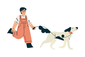 Boy Kid Walking Dog with Leash Vector Illustration