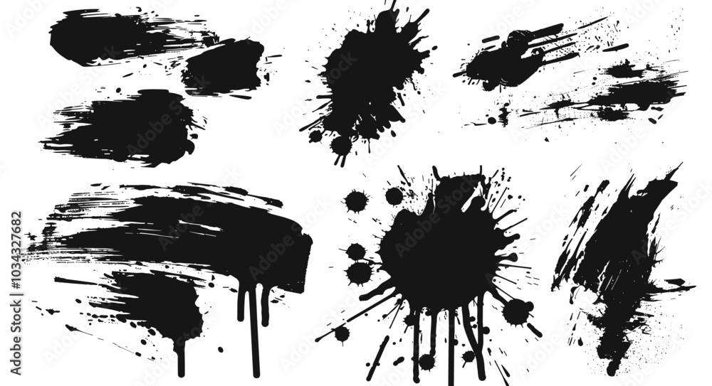 Poster dynamic black ink splatters and brush strokes create a bold abstract design against a white backgrou