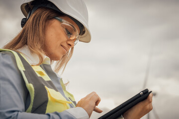 At a busy construction site, a skilled female worker uses a tablet to communicate and collaborate...