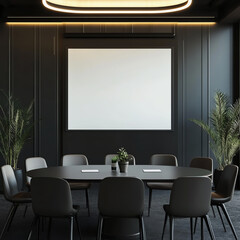 Modern conference room with minimalist design featuring a large whiteboard and round table surrounded by elegant chairs and lush green plants
