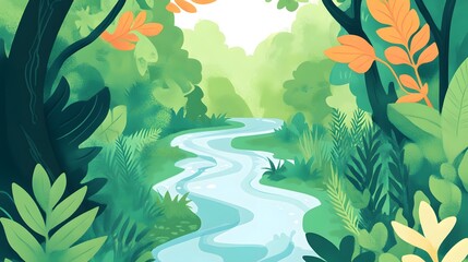 Flat vector illustration of a river in the forest, surrounded by trees and greenery