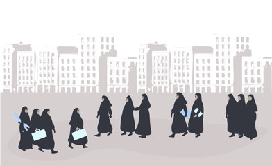 Silhouette of Buildings with Women Walking on the Street