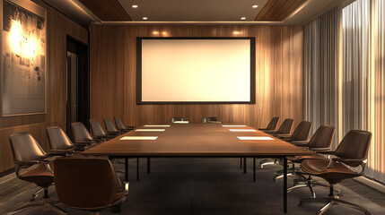 Modern conference room with wooden finishes and large projection screen ideal for business meetings and presentations in a professional environment