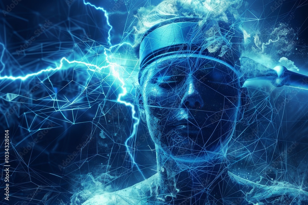 Poster a person stands still with a serene expression while digital patterns and electric energy emerge aro