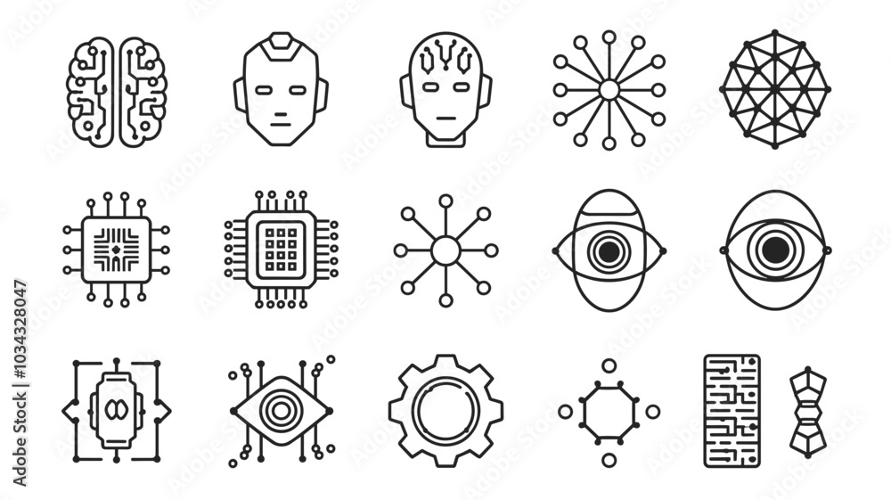 Poster a collection of technology and ai-themed line icons on a white background, featuring brain, robot fa