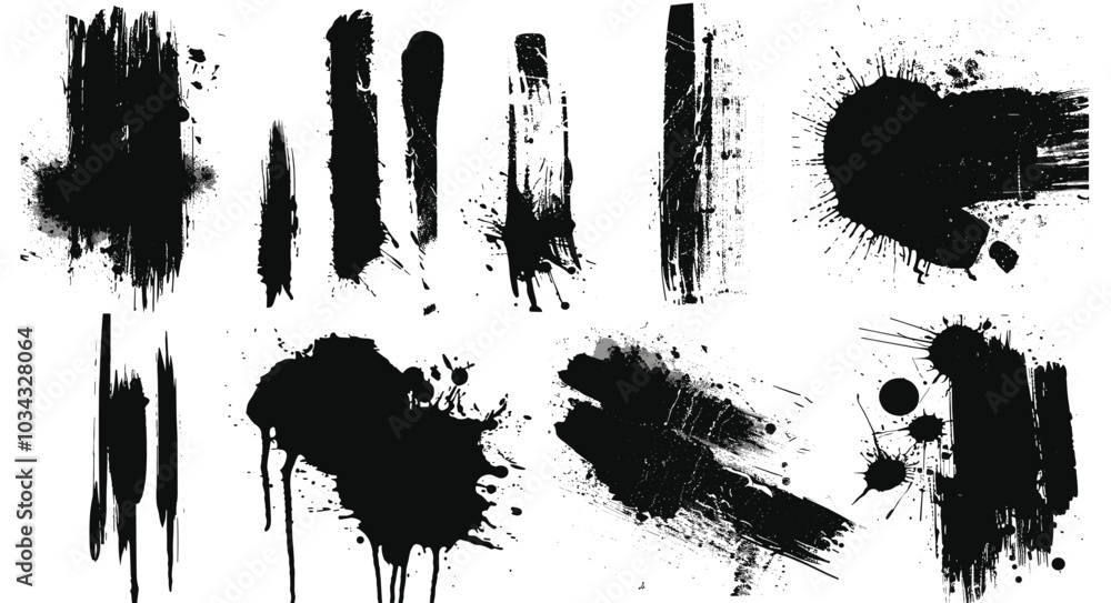 Aufkleber abstract black ink splatters and brush strokes on white background, creating a dynamic and artistic 