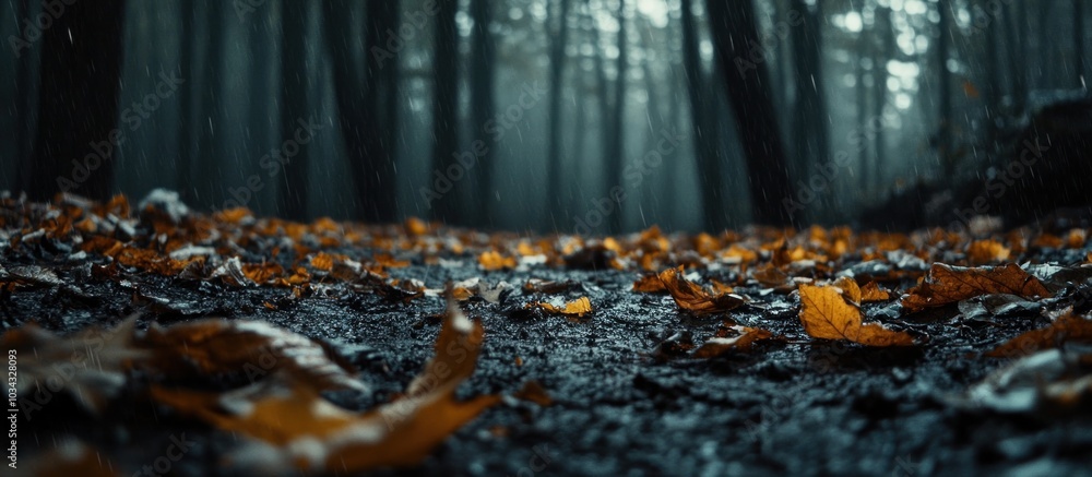 Poster a low angle view of fallen leaves on a forest path in the rain.