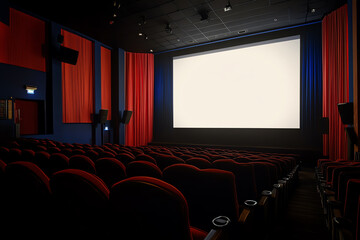 Obraz premium Experience cinematic magic an inside look at the enchanting atmosphere of an empty movie theater awaiting its audience