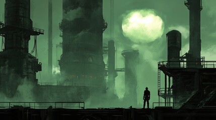 A man stands in front of a large factory. Fog or smog around, sun or moon in the sky. Stalker on the background of the industrial facility. Illustration for cover, card, poster, brochure, etc.
