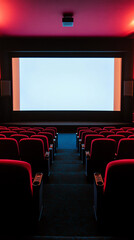 Obraz premium A captivating inside view of a modern cinema showcasing empty red seats and a large projection screen bathed in soft lighting ready for movie magic