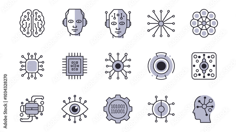 Poster a collection of ai and technology icons depicting brain, neural networks, robotics, and data process