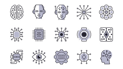 A collection of AI and technology icons depicting brain, neural networks, robotics, and data processing elements on a white background.