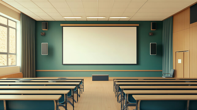 Modern classroom setup with spacious seating and large projection screen ideal for educational purposes and seminars in contemporary design