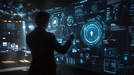 A holographic digital interface in a futuristic office, with a businessperson interacting with data visualizations, AI icons, and cybersecurity symbols