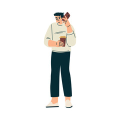Man Character Standing with Coffee Cup and Smartphone Relaxing in Nature in the Park Vector Illustration
