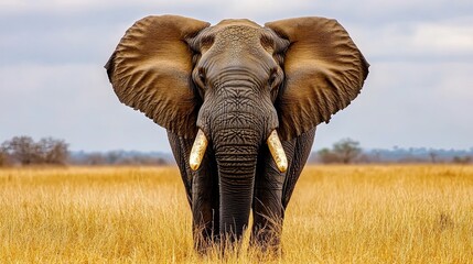 Fototapeta premium A huge elephant is walking across the savannah. Wild animal in its natural habitat. Natural background. Illustration for cover, card, postcard, poster, brochure, etc.