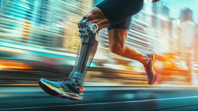 A determined athlete with a prosthetic leg is sprinting along an urban street as city lights begin to glow in the evening. The runner showcases resilience and speed in an inspiring moment.