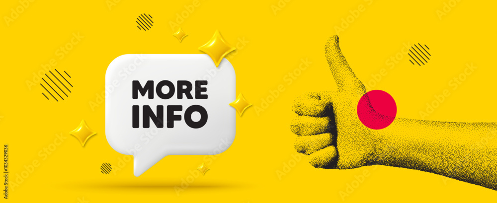 Poster hand showing thumb up like sign. more info tag. navigation sign. read description symbol. more info 
