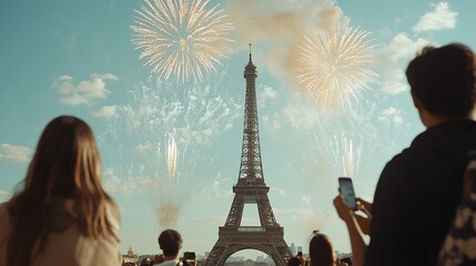 Bastille Day Fireworks Over City River