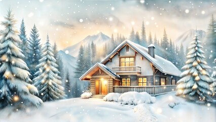 Fototapeta premium Charming wooden cabin in a snowy mountain landscape, warm glow from windows, winter wonderland