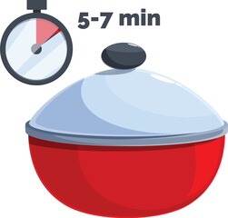 Red cooking pot is standing on a fire with a timer showing 5 7 minutes cooking time
