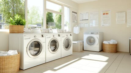 Organized laundromat space with multiple white washing machines each with clean linens in baskets above welcoming feel sunlight streaming through large windows, photorealistic