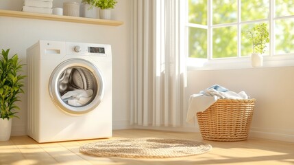 Simple laundry room with a washing machine featuring wooden accents beige woven basket on the floor containing folded clothes natural light illuminating calm space, photorealistic