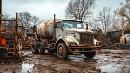 Fototapeta premium A rusty cement mixer truck sits parked in a muddy construction yard on a cloudy day
