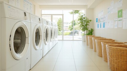 Sleek laundromat white washing machines clean beige floor woven baskets organized inviting bright space, photorealistic