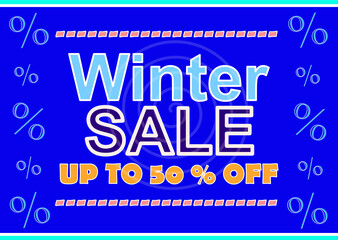 Banner, winter sale up to fifty percent, blue background.