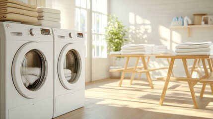 Digital control panel on washing machine in laundromat nearby folding tables with clean towels spacious organized feel soft lighting, photorealistic