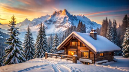 Cozy wooden cabin in winter landscape with mountains during sunset