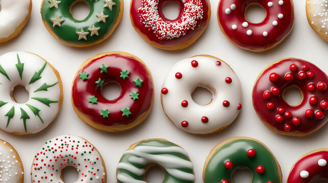 Christmas theme  glazed donuts in white, red and green colors . Top view. 
