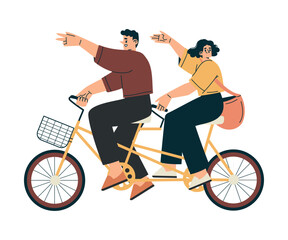 Man and Woman Character Riding Bicycle in the City Vector Illustration