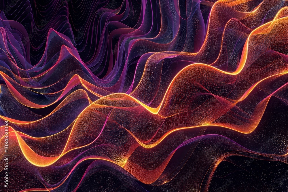 Poster dynamic, colorful waves of light flow across a dark background, showcasing intricate patterns and vi