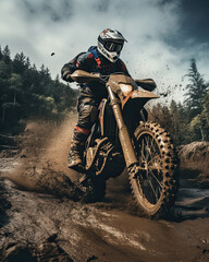 A rally bike kicking up trail