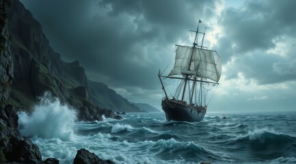 Obraz premium Sailing ship battling stormy seas with dramatic clouds and turbulent waves 