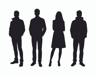 Silhouettes of diverse group in various poses against a white background.