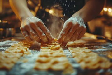 Someone is making a dough with flour on a table