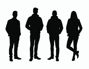 Silhouettes of four individuals stand confidently against a white background, showcasing diverse postures of self-assurance and style.