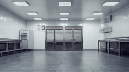Fototapeta premium A large industrial freezer stands prominently in a modern sterile kitchen environment