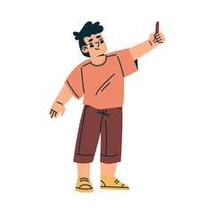 Playful Little Boy Hold Chalk Drawing Enjoying Summer Vector Illustration