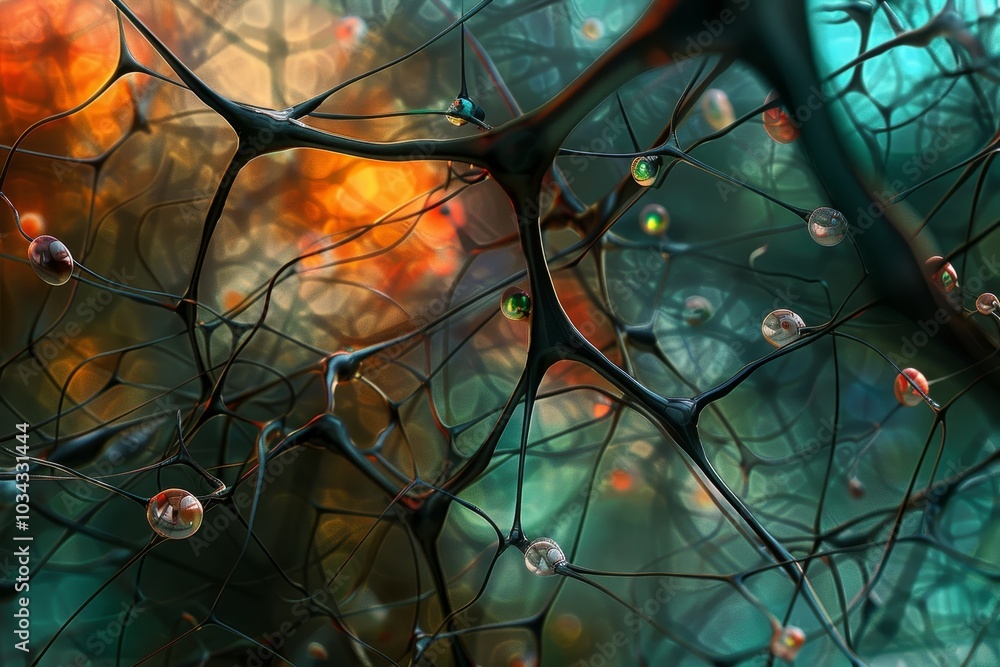 Poster the intricate web of neural connections showcases glowing nodes amidst a backdrop of vibrant colors,